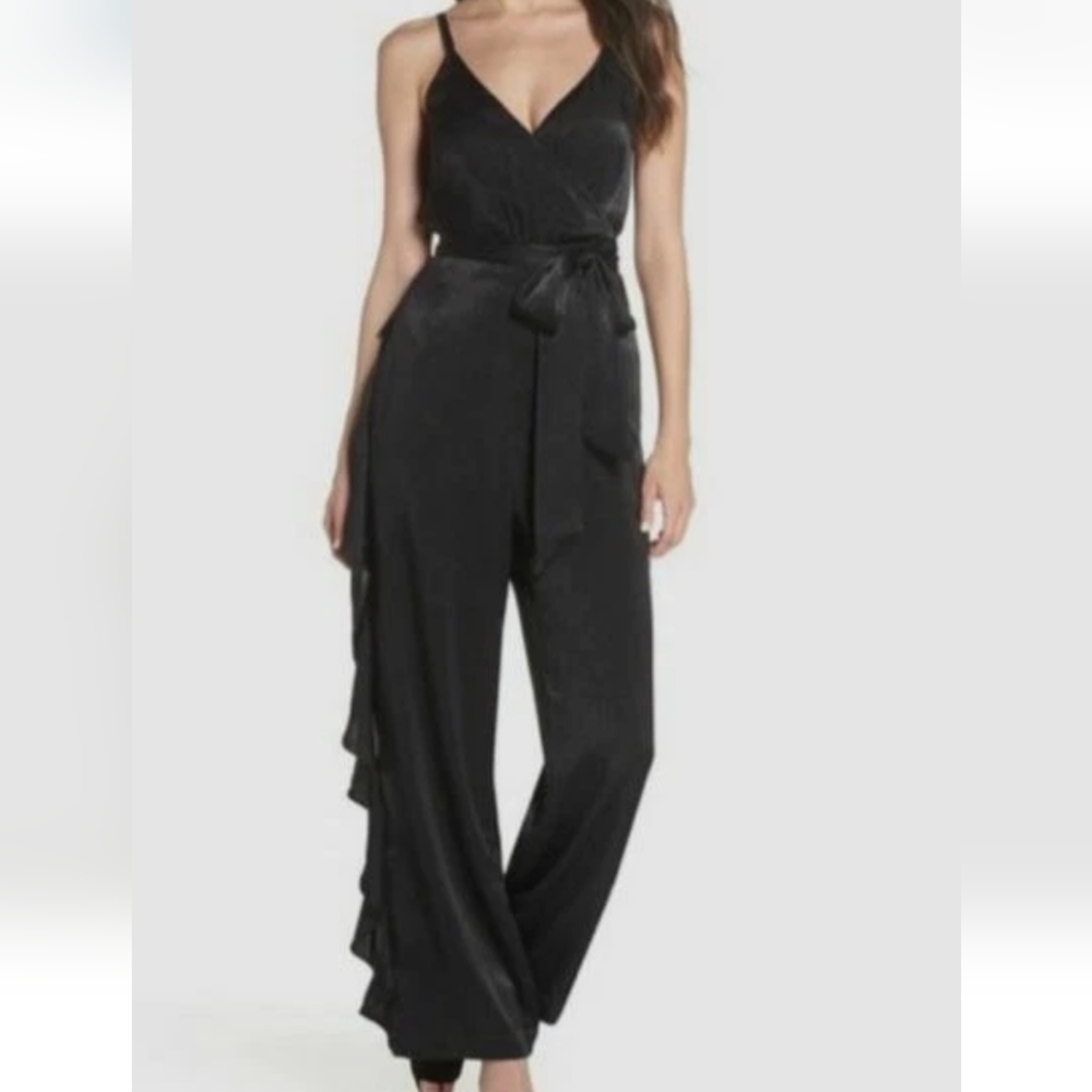 Ali & Jay Name of Love Ruffle Wrap Jumpsuit Black Large Wide Leg Flowy - Picture 6 of 13